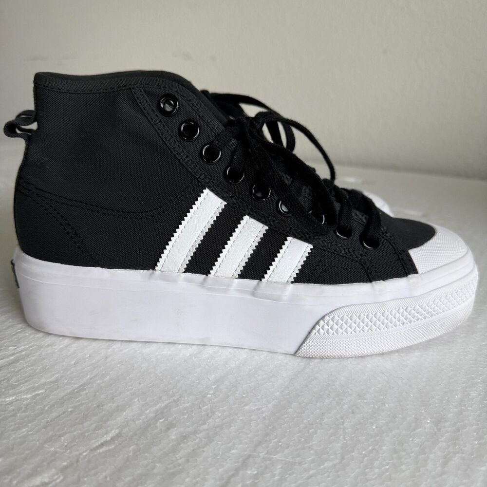ADIDAS NIZZA 2" HI PLATFORM MID CANVAS SNEAKERS WOMEN SHOES BLACK SIZE 7